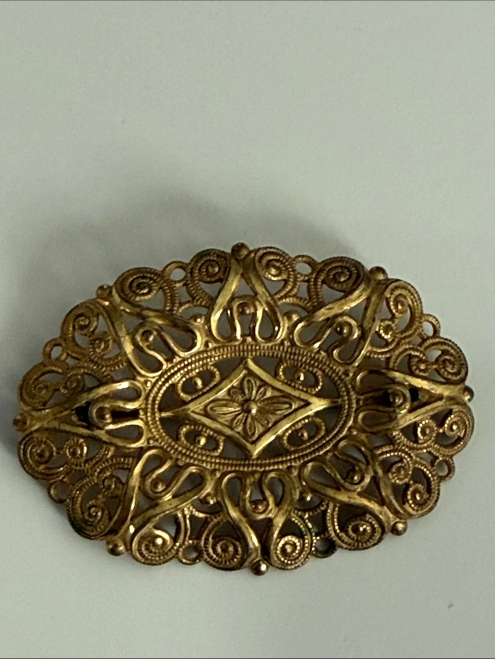 Vintage Miriam Haskell antique revival gold tone Filigree Oval Brooch pin